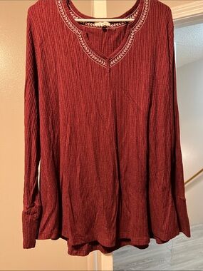 Maurices Ribbed Long-Sleeve V-Neck Top — Burgundy with Embroidered Neckline